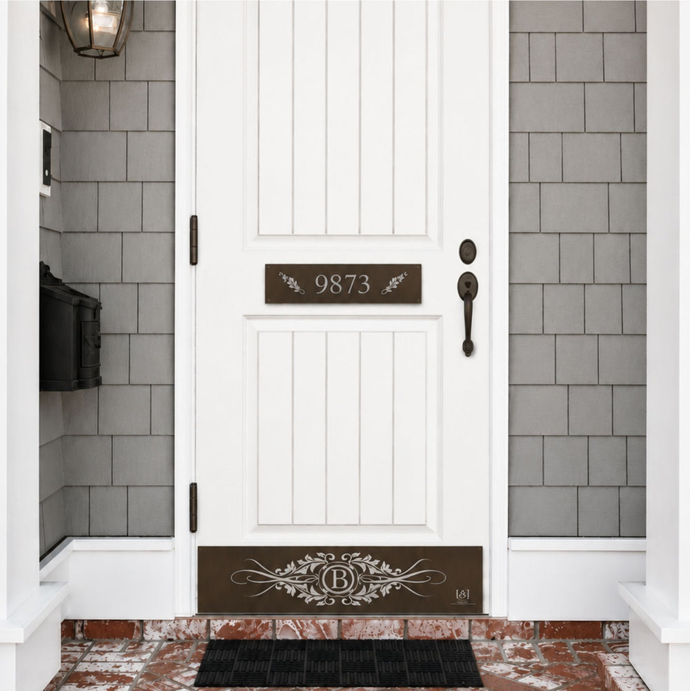 White door with Acanthus design door address accent plate and kickplate
