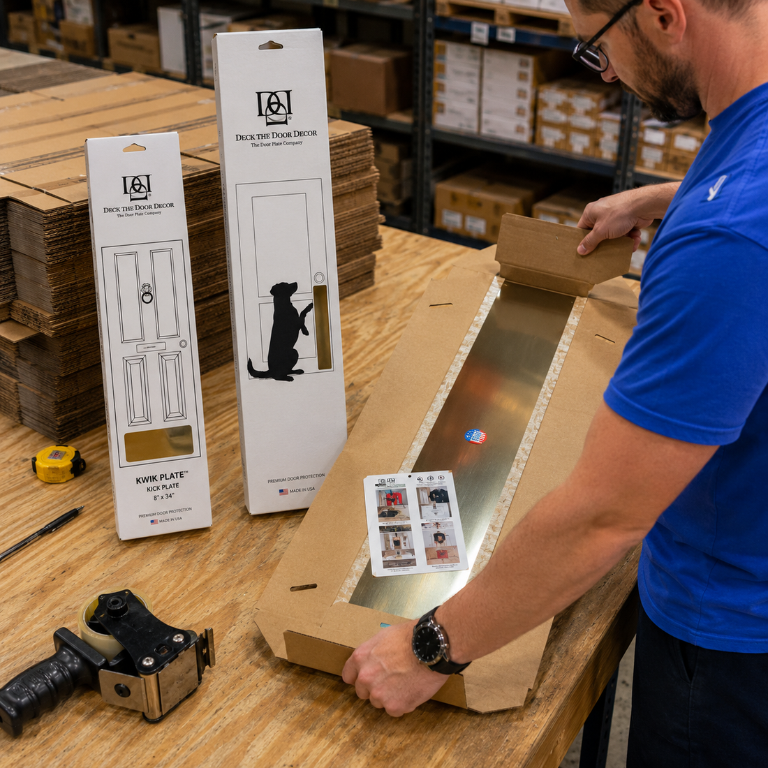 Deck the Door Decor Employee Packaging a Door Kick Plate