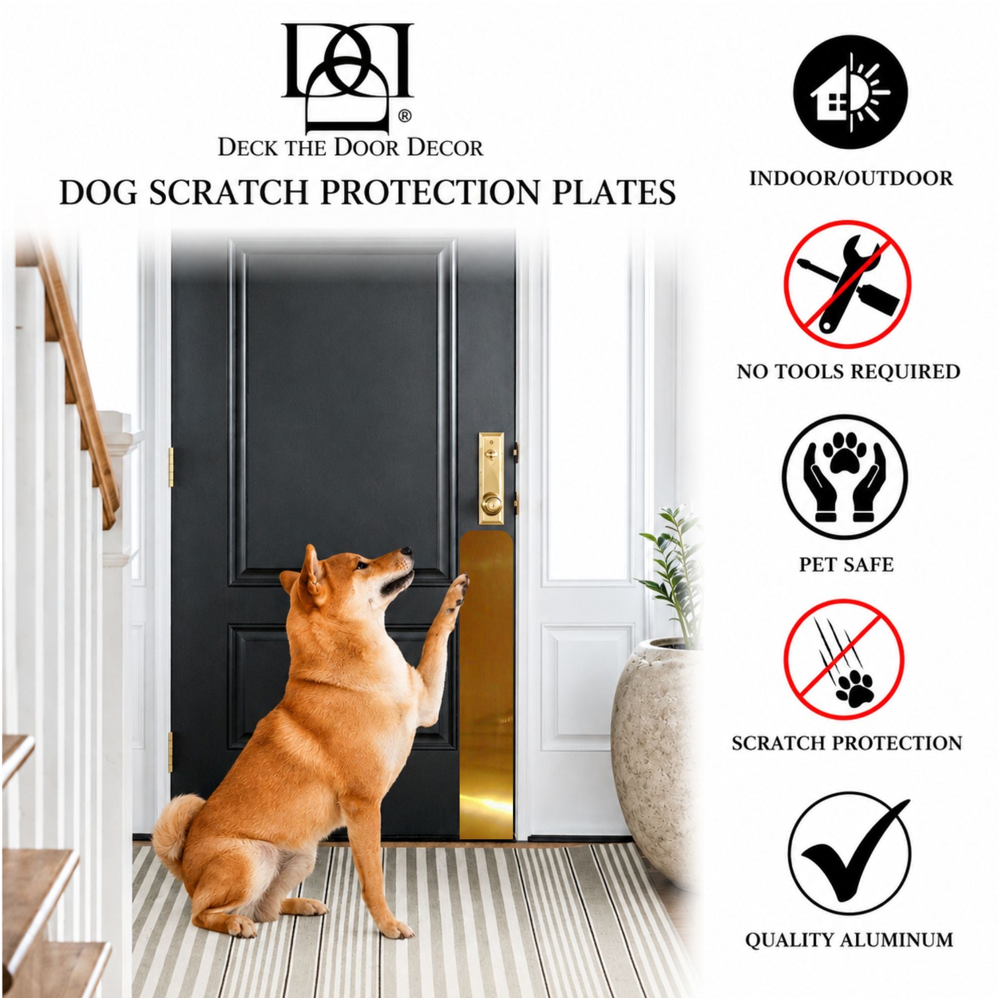 Shiny Brass Dog Scratch Plate Product Benefits Photo