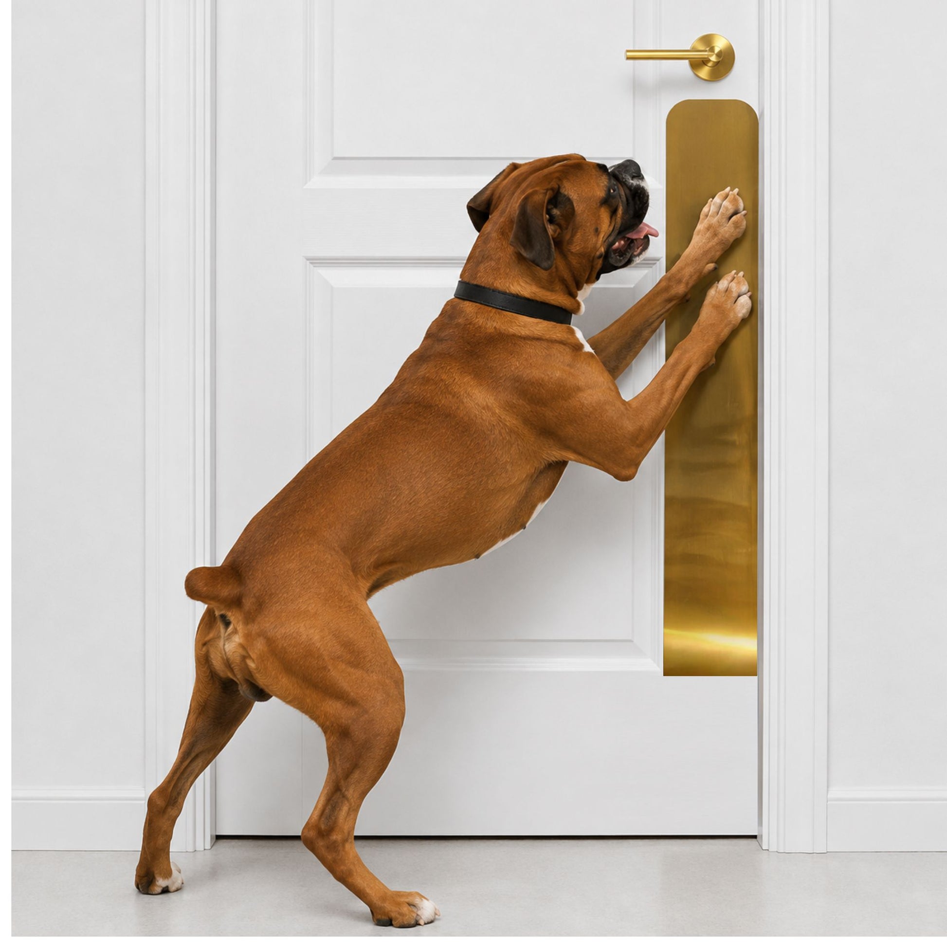 Boxer dog in Shiny Brass Dog Scratch Plate Product Photo