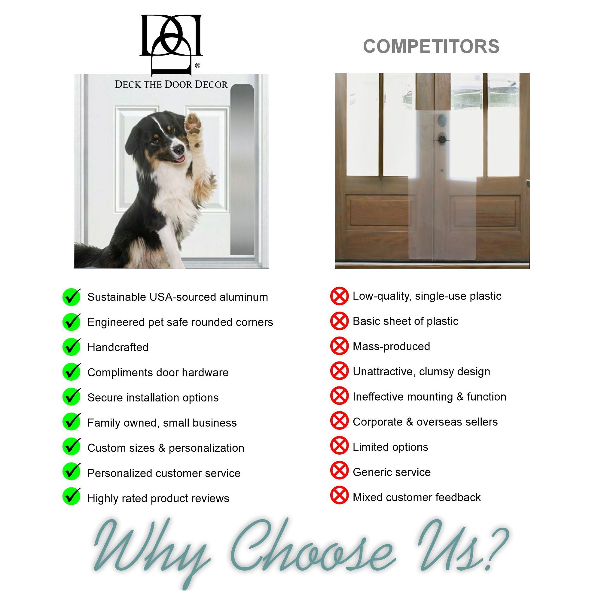 Competitor Comparison graphic for Deck the Door Decor versus Plastic options