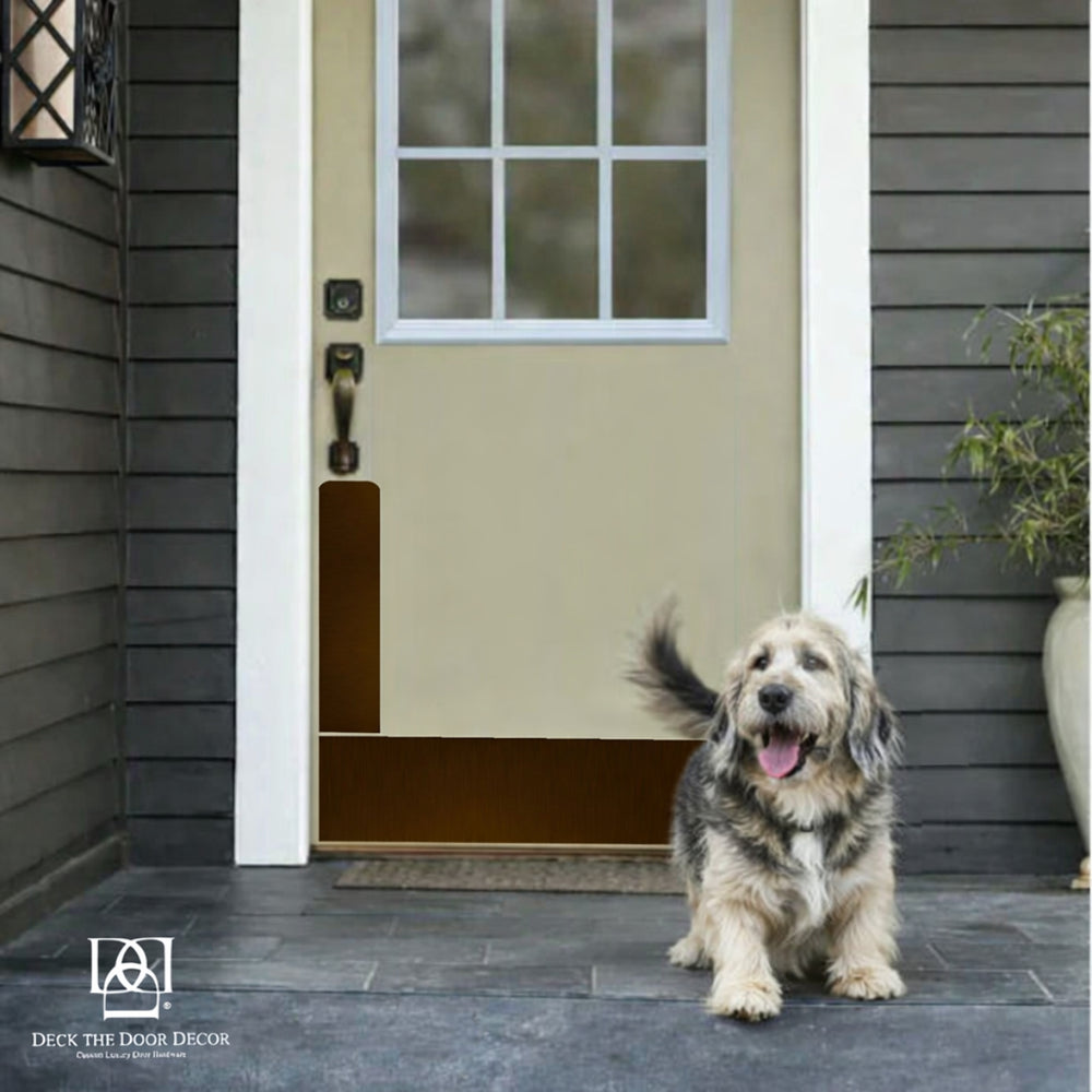 Happy dog by cream door with oil rubbed bronze dog plate and matching door kick plate by Deck the Door Decor