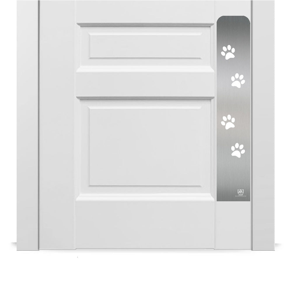 Engraved dog scratch protection plate with paw print in satin nickel