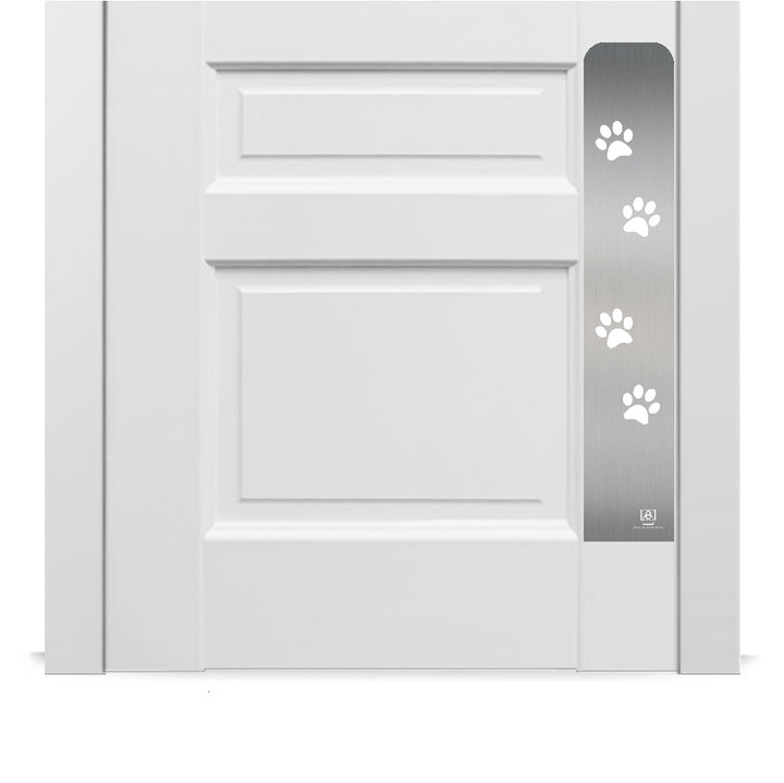 Engraved dog scratch protection plate with paw print in satin nickel