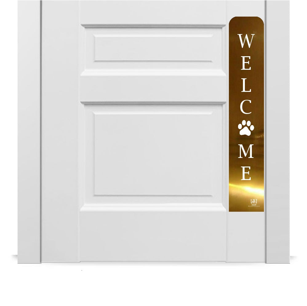 Engraved Dog Scratch Protection Plate in Shiny Brass with Welcome Paw 
