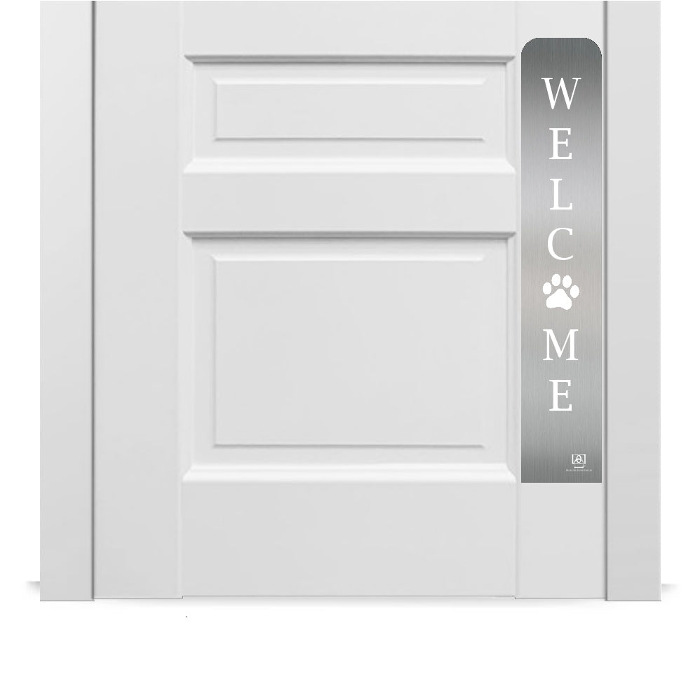 Engraved Dog Scratch Protection Plate in Satin Nickel with Welcome Paw Design