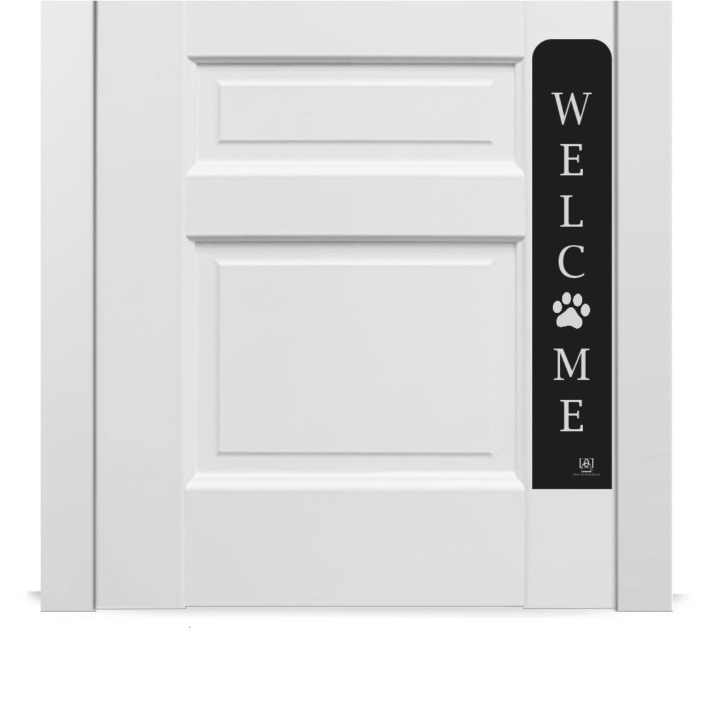 Engraved Dog Scratch Protection Plate in Satin Black with Welcome Paw Design