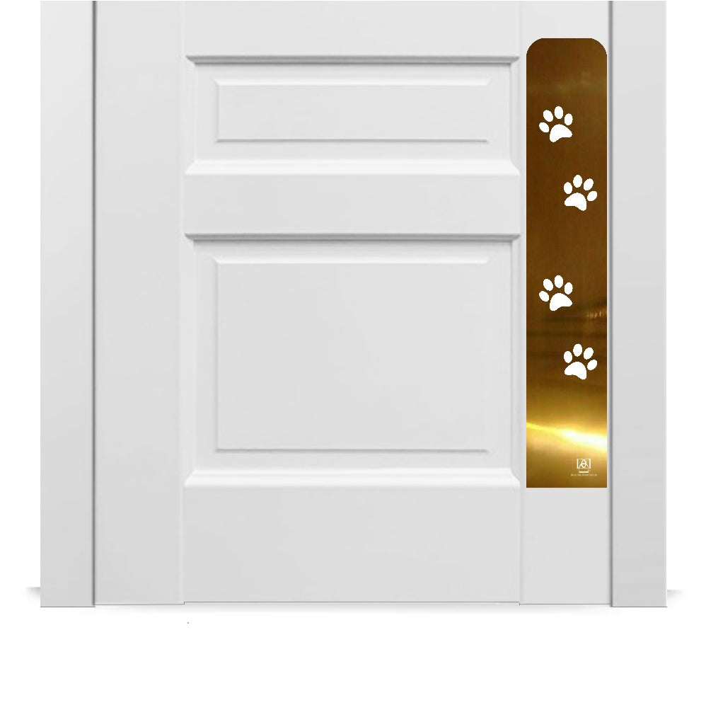 Engraved dog scratch protection plate with paw print in shiny brass