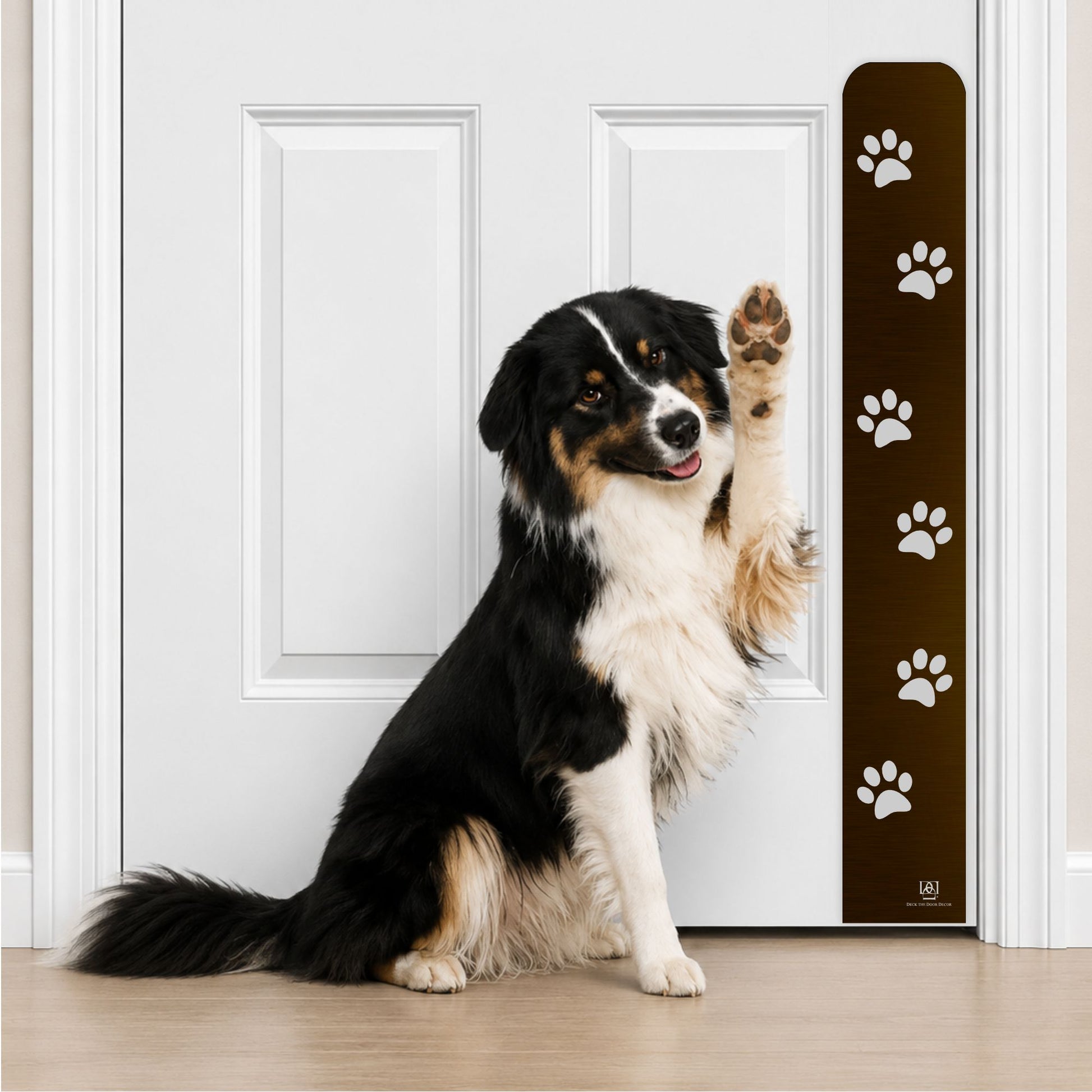 Collie Dog in Paw Print Engraved Dog Scratch Plate Product Photo in Oil Rubbed Bronze