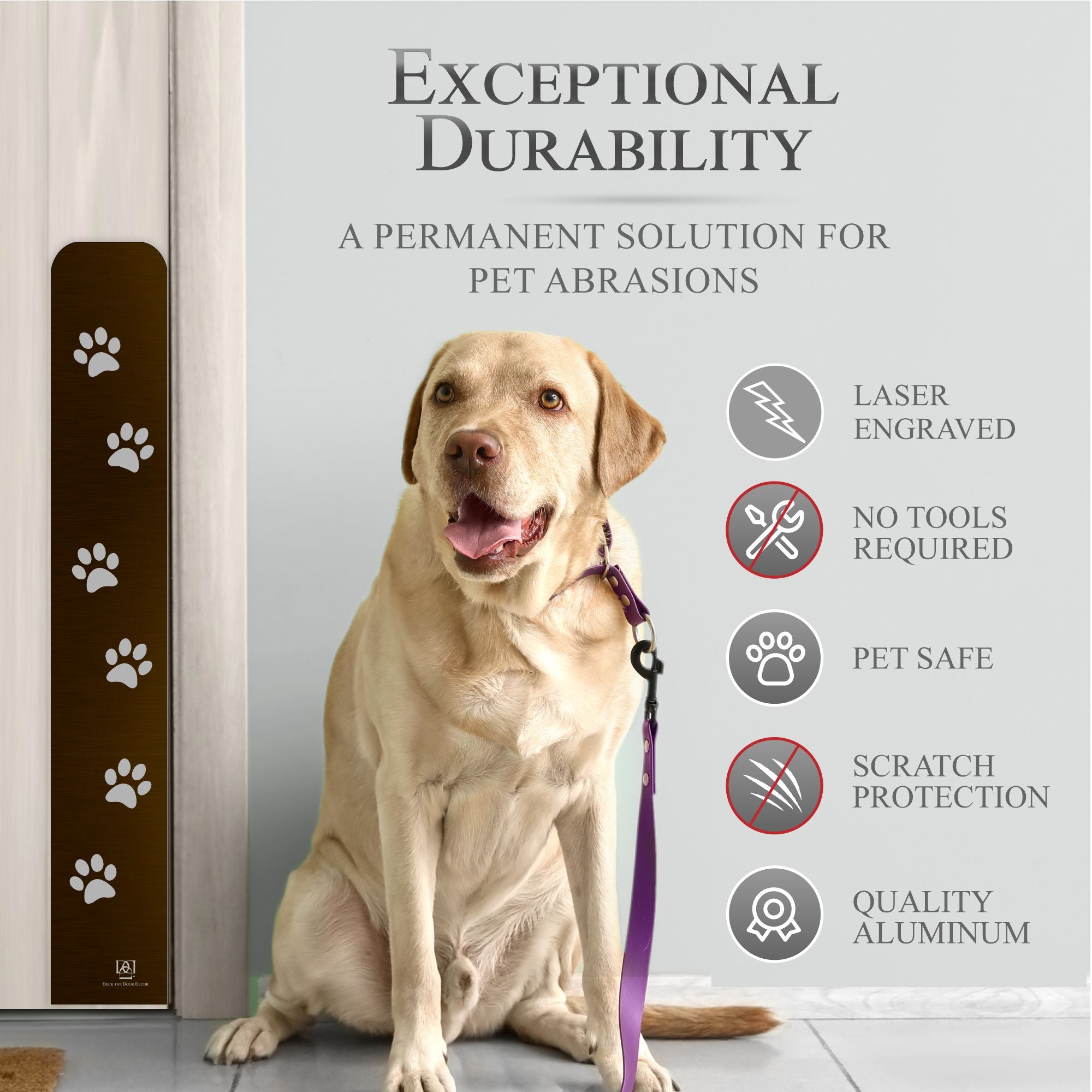 Paw Print Engraved Dog Scratch Plate Product Benefits Photo with dog on leash in Oil Rubbed Bronze
