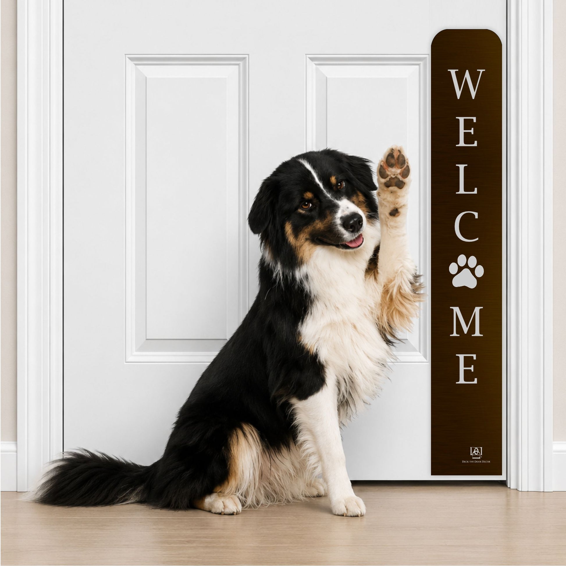 Collie Dog in Welcome Paw Print Engraved Dog Scratch Plate Product Photo in Oil Rubbed Bronze