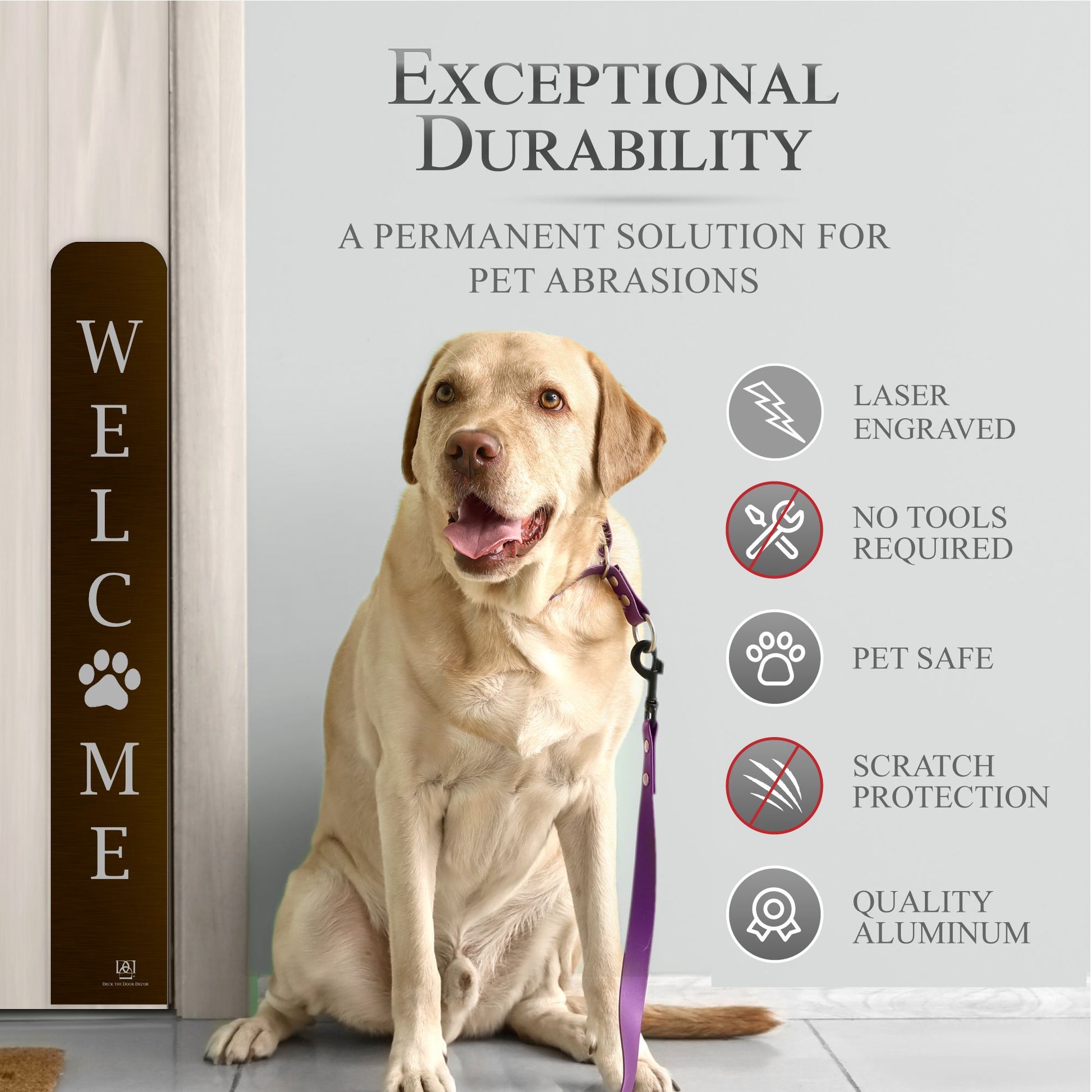 Paw Print Welcome Engraved Dog Scratch Plate Product Benefits Photo with dog on leash in Oil Rubbed Bronze