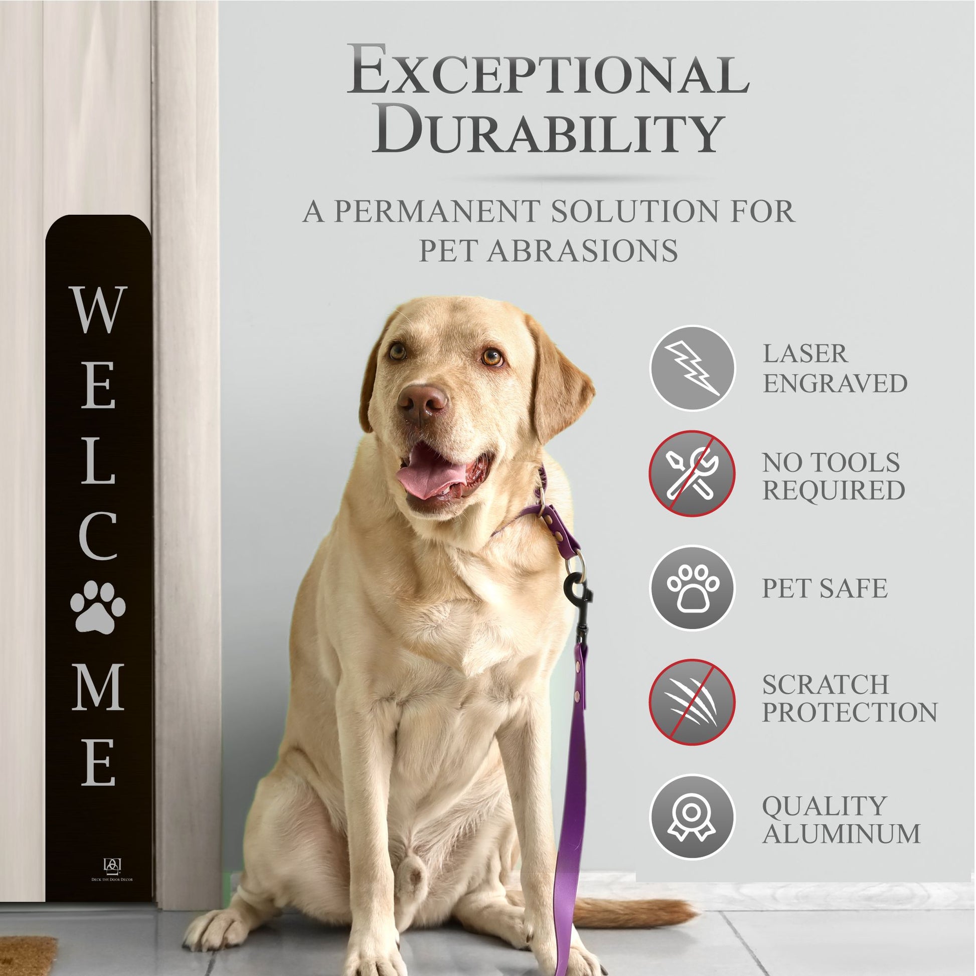 Paw Print Welcome Engraved Dog Scratch Plate Product Benefits Photo with dog on leash in Satin Black