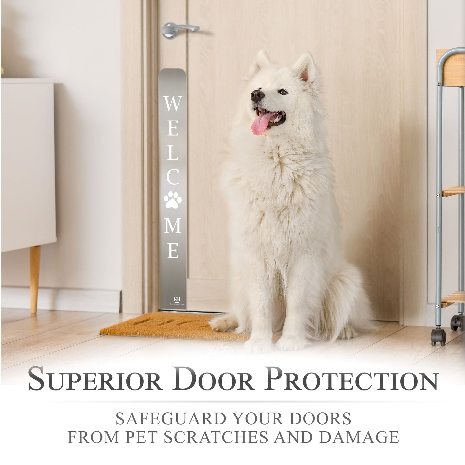 Paw Print Welcome Engraved Dog Scratch Plate Product Lifestyle Photo with dog in Satin Nickel 