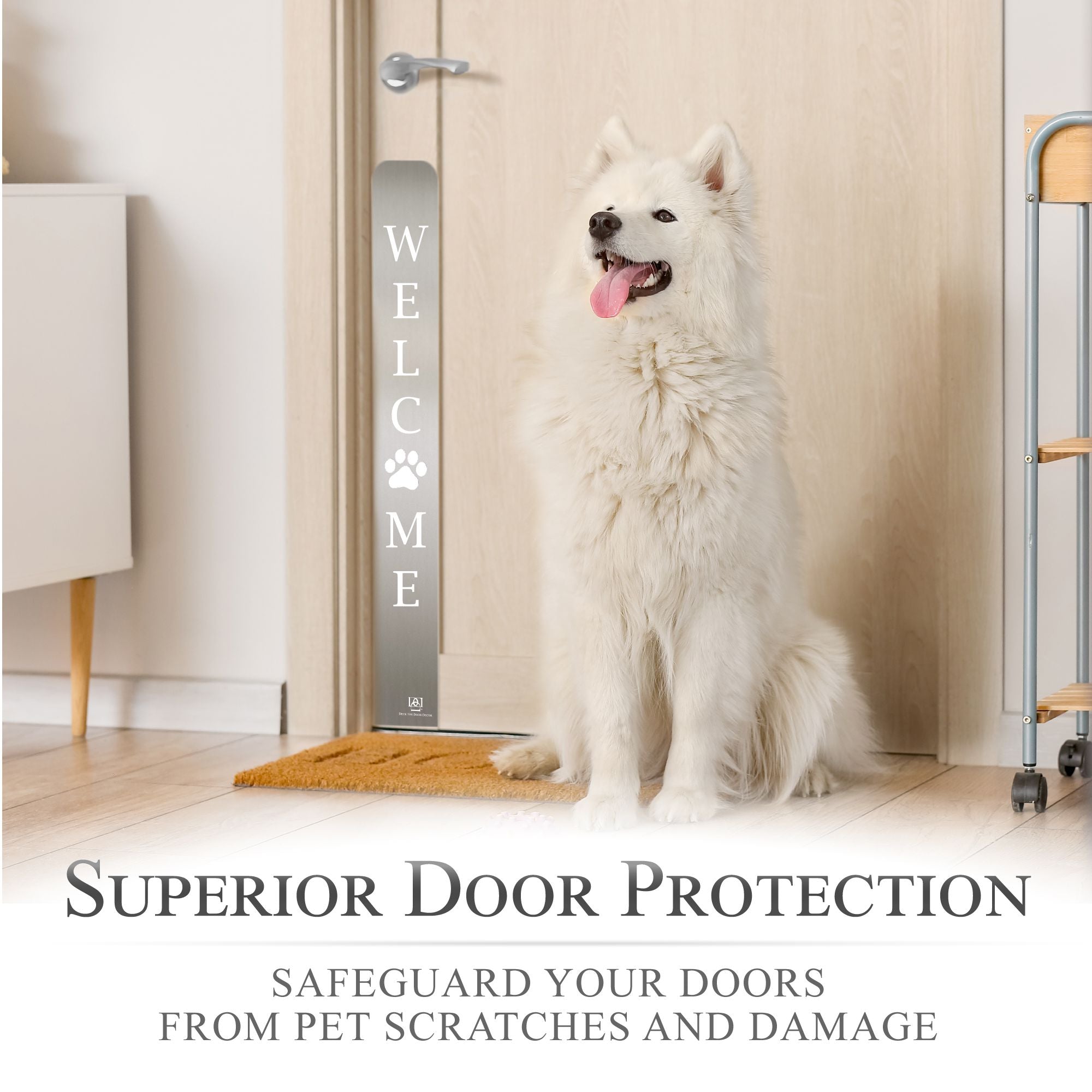 Paw Print Welcome Engraved Dog Scratch Plate Product Lifestyle Photo with dog in Satin Nickel 