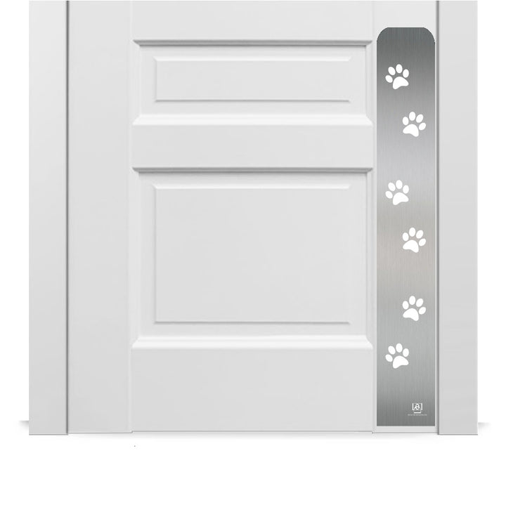 Engraved dog scratch protection plate with paw print in satin nickel