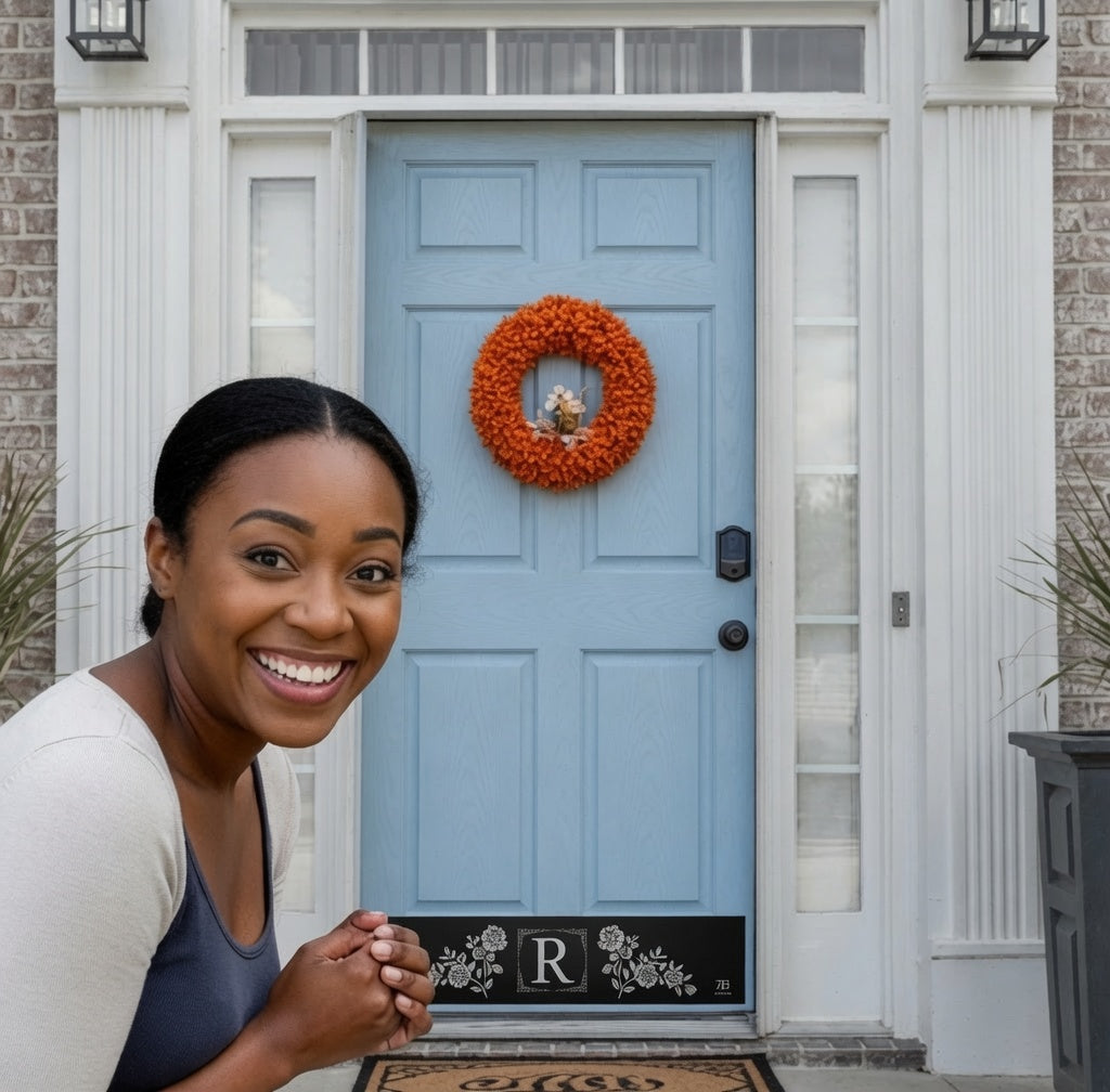 Home Owner showing excitement over her new Monogram Engraved Door Kick Plate