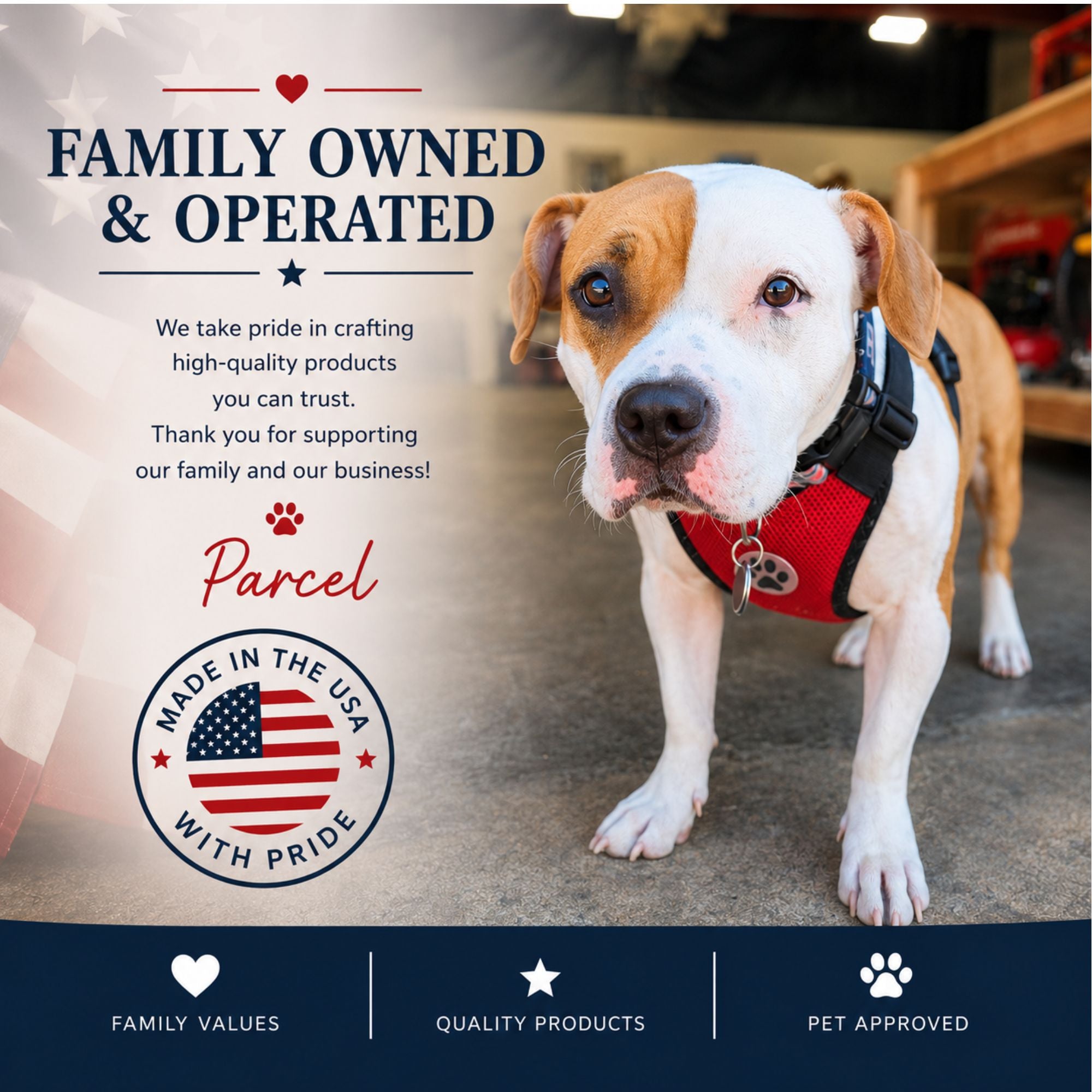 Family Owned and Operated Made in USA image with family dog in warehouse 