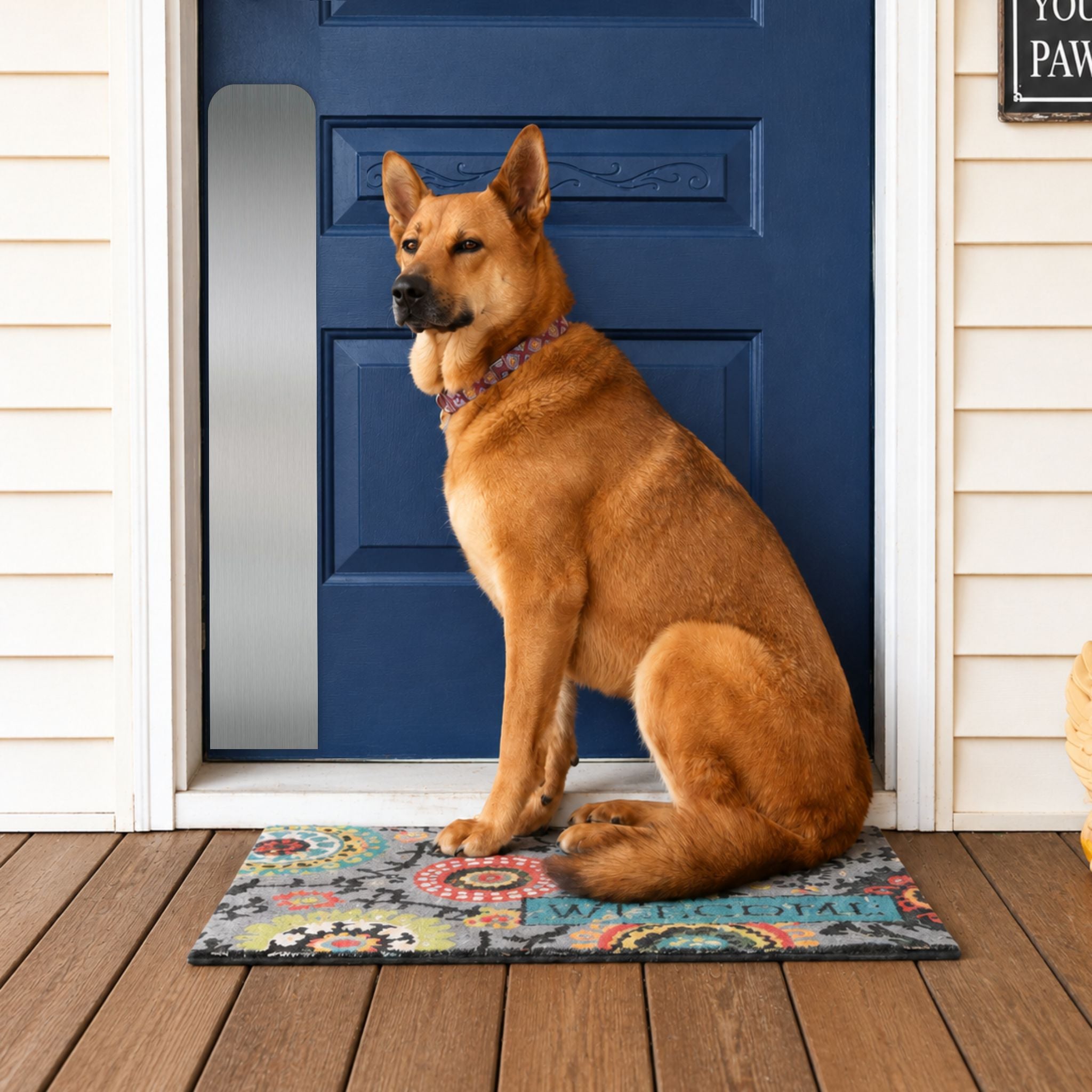 Blue door with satin nickel dog scratch protection plate with German Shepard 