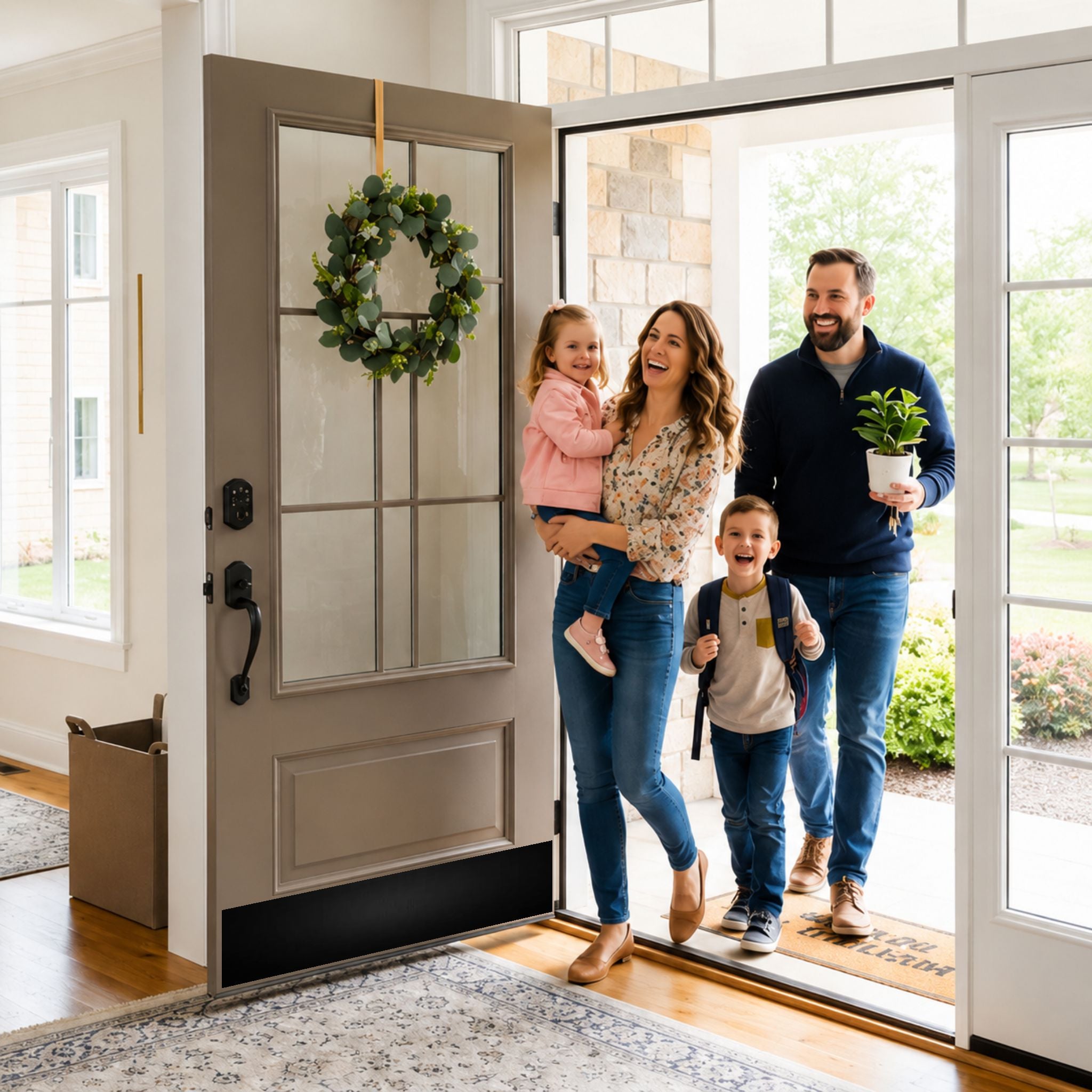 Modern satin black door kick plate with family entering home