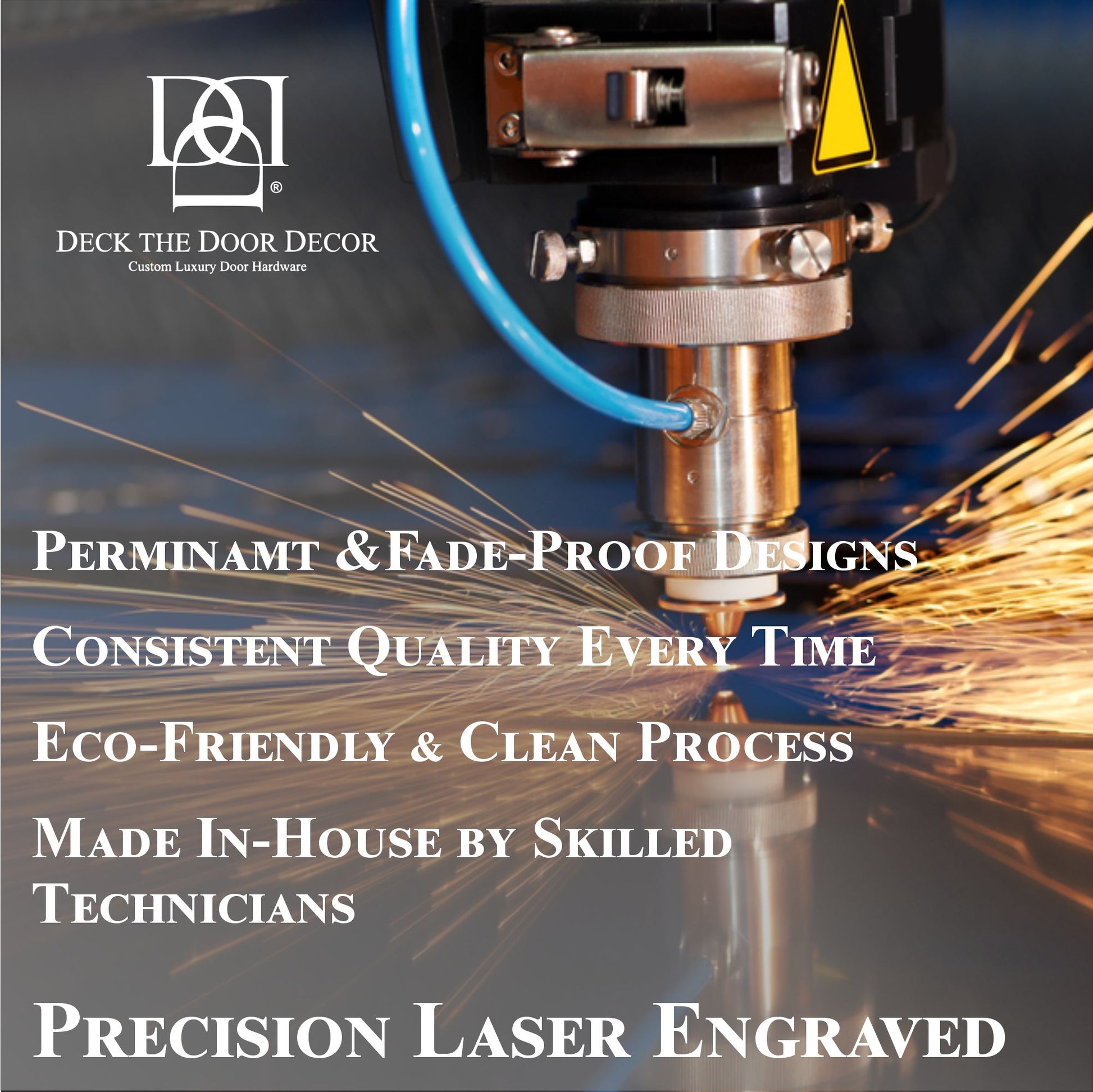 Laser engraving process with Deck the Door Decor branding and text about their services.