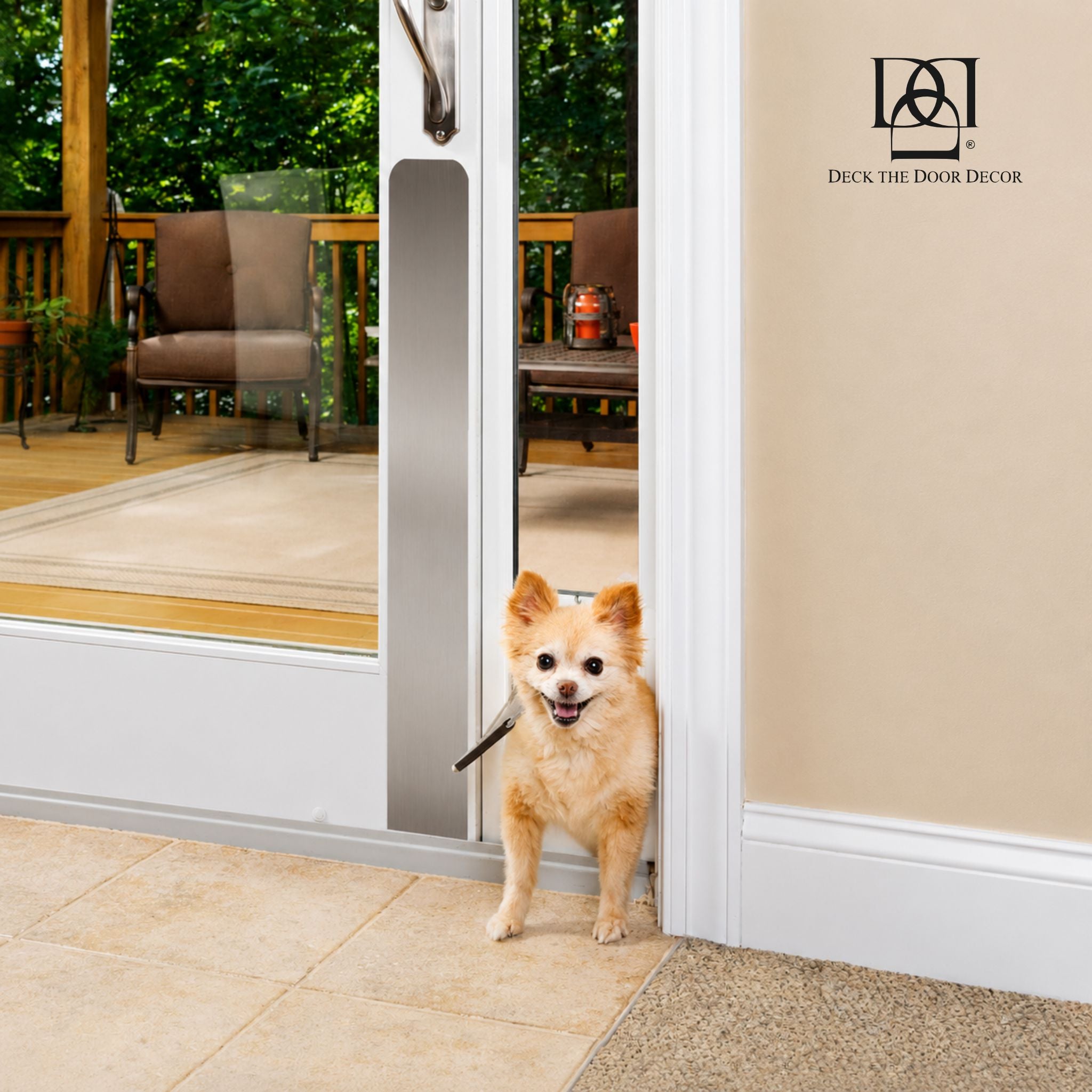 Fluffy light brown dog by a glass sliding door featuring a nickel dog scratch plate by Deck the Door Decor