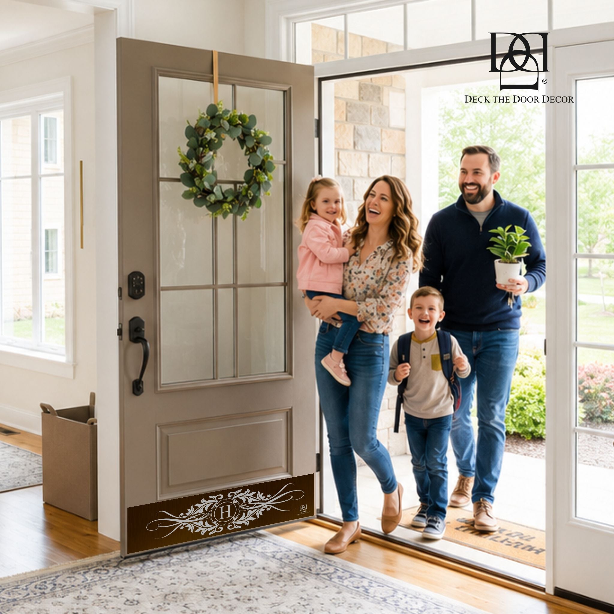 Warm taupe door with an oil rubbed bronze door kick plate featuring an engraved monogram design.