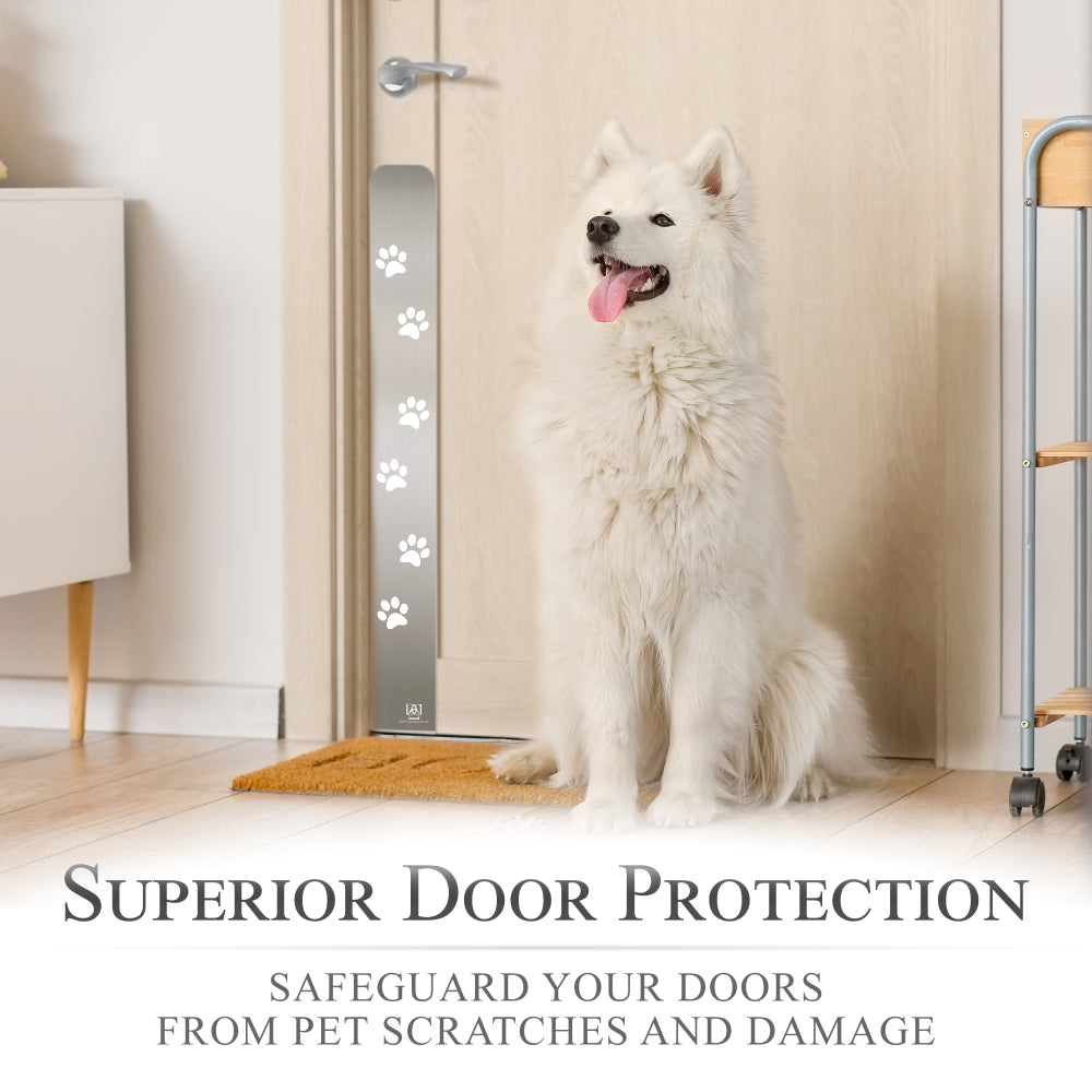 Engraved dog scratch protection plate with paw print in satin nickel with dog