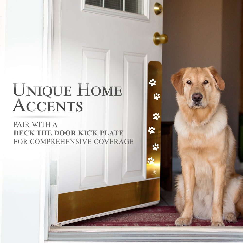 Engraved dog scratch protection plate with paw print paired with door kick plate