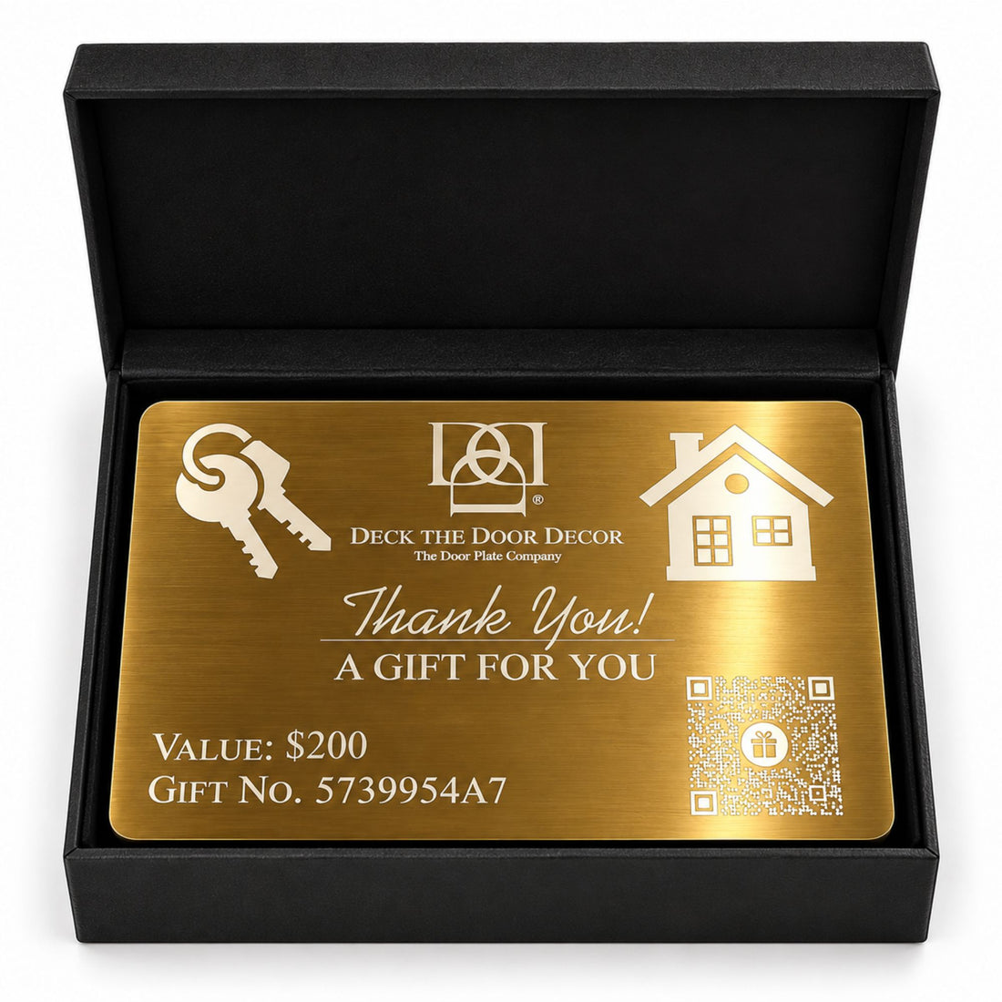 Realtor Closing Gift Card Valued at $200, engraved on shin brass plate in black jewelry box presentation