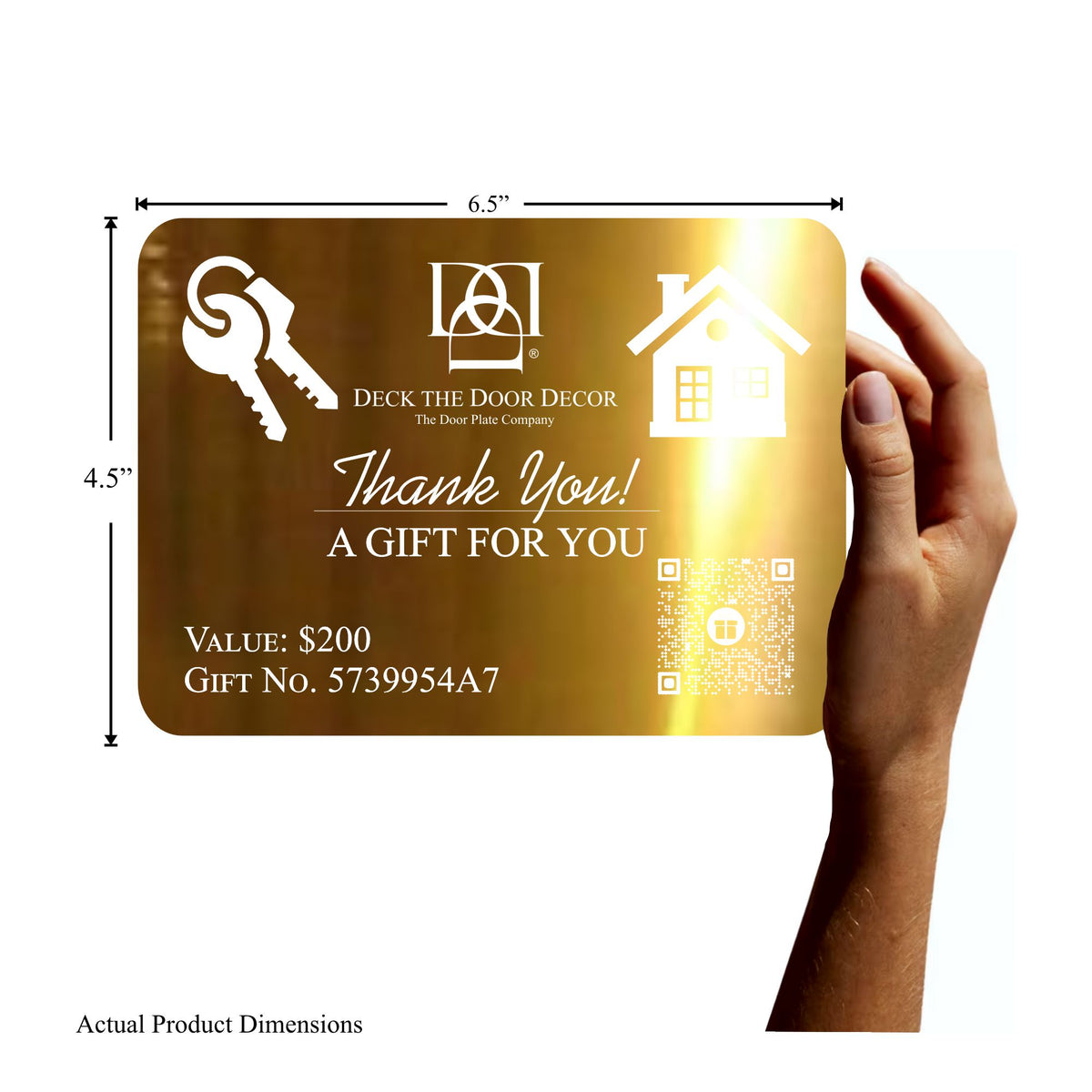 Realtor Closing Gift Card Valued at $200, engraved on shin brass plate with actual dimensions shown of 4.5"H x 6.5"W