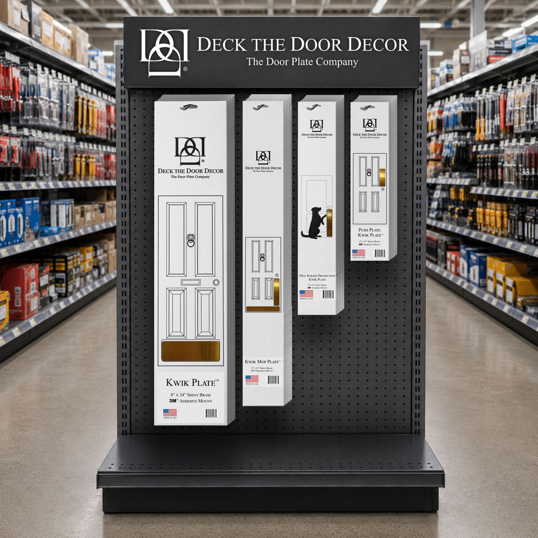 Retail display of Deck the Door Decor product lines in hardware store