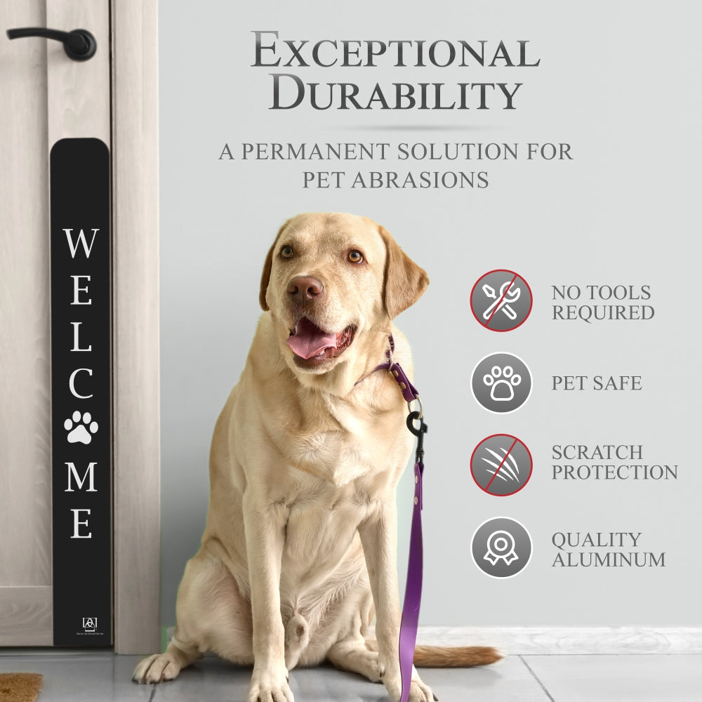 Engraved Dog Scratch Protection Plate in Satin Black with product benefit points
