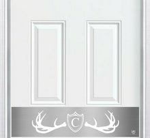 Load image into Gallery viewer, Door Kick Plate - Engraved - &quot;Fez Lodge Antlers&quot; Monogram - Multiple Finish &amp; Size Options - Customizable
